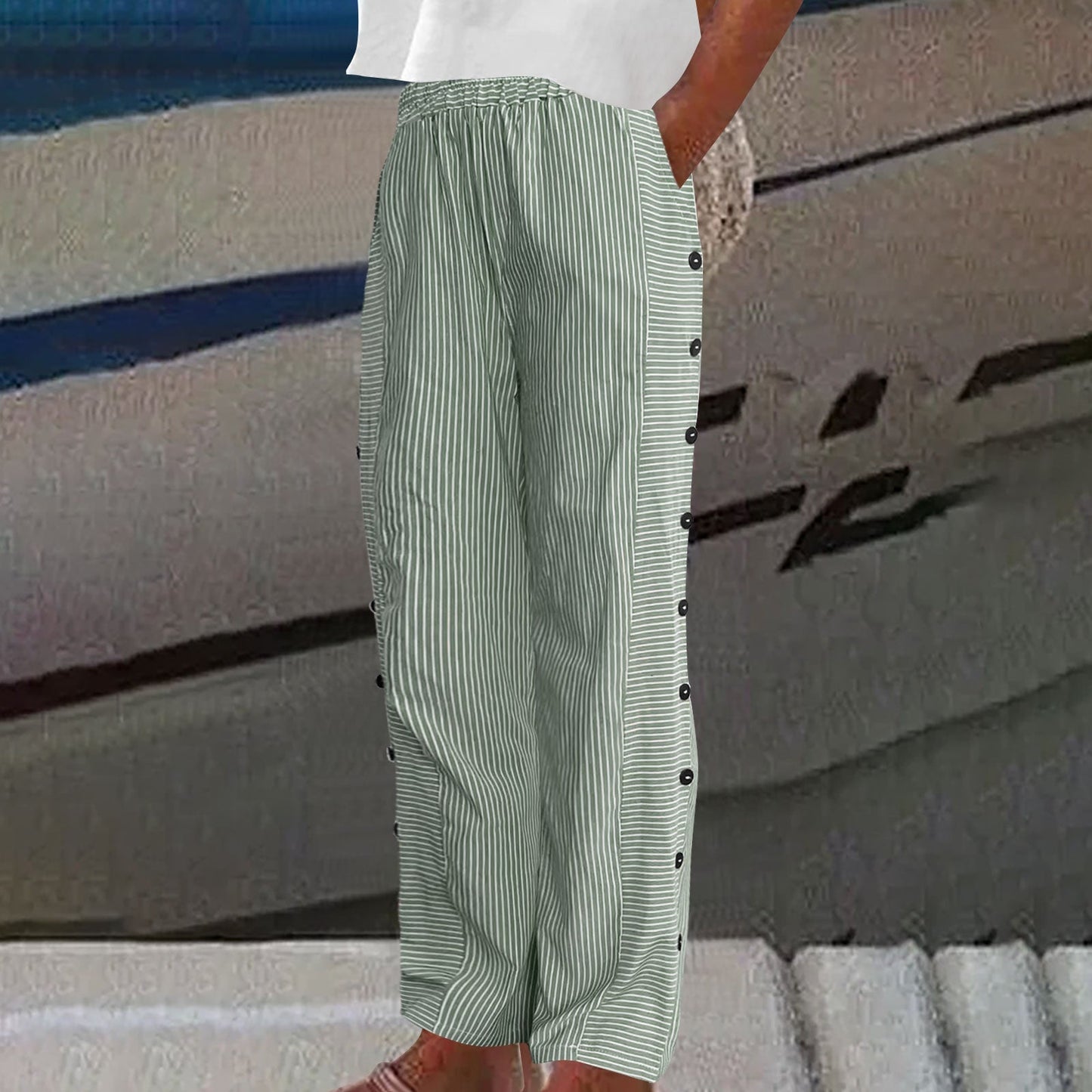 妍希|條紋排釦裝飾長褲