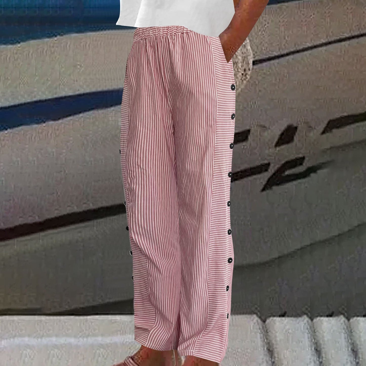 妍希|條紋排釦裝飾長褲